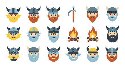 Obraz premium Flat Viking Icons - Warriors, Helmets, Swords, Campfire