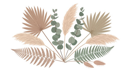 Obraz premium Boho dried palm leaves and pampas grass illustration, flat vector art