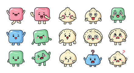Cute Kawaii Dumpling Characters Set, Vector Food Icons
