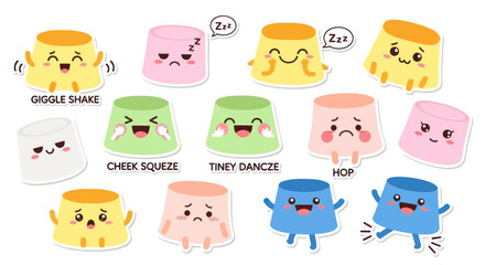 Fototapeta premium Cute Pudding Desserts with Faces: Food Emoji Stickers, Flat Style