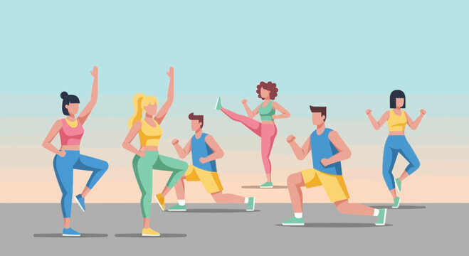 Group of energetic young people exercising together in a fitness class.