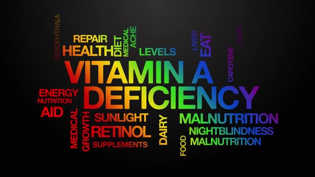 Vitamin A deficiency concept Animated Tag Word Cloud kinetic typography, Text Design Animation typography seamless loop video motion graphics Intro Wordart rainbow type on black background bg backdrop
