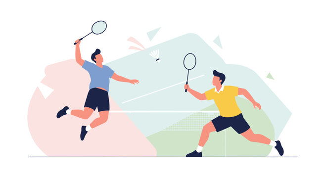 Two male athletes engaged in a dynamic badminton match illustration.