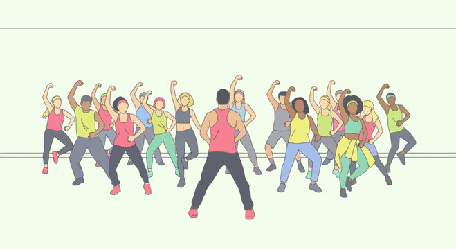 Vector illustration of a diverse group of people in a dance fitness class.