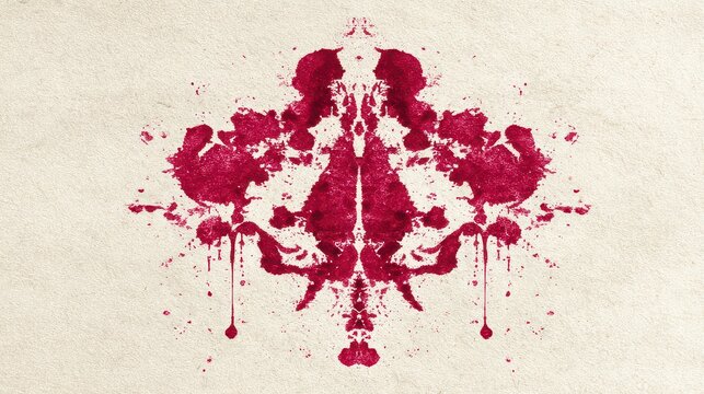 Symmetrical Rorschach inkblot test pattern in deep red against a textured beige background representing psychological interpretation and subconscious mind imagery