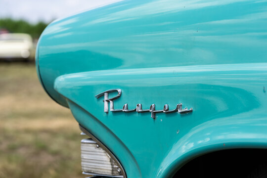 FINOWFURT, GERMANY - JUNE 28, 2025: Fender badge detail of a full-size car, Edsel Ranger, 1958. Roadrunner's Paradise Race 61 Festival.