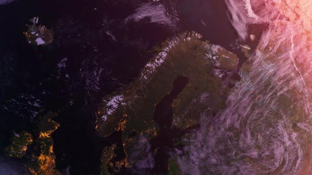 Norway Zoom in From Space at Sunrise. Scandinavia and Northern Europe. Planet Earth. Globe