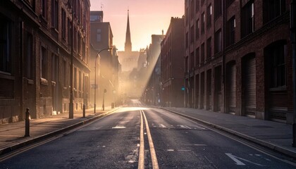 Sunlit urban street with a church steeple at the end of the road, between buildings