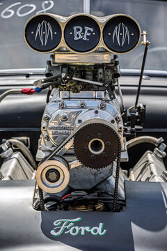 FINOWFURT, GERMANY - JUNE 28, 2025: Ford engine with a large Littlefield Blowers supercharger. Roadrunner's Paradise Race 61 Festival.