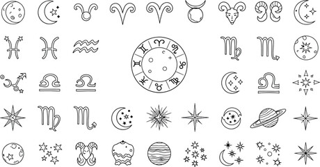 Collection of various astrology zodiac sign symbols isolated on transparent background
