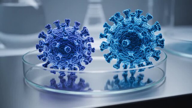 Microscopic View of Two Blue Coronavirus Particles in Petri Dish.
