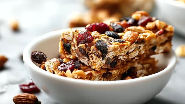 Close-up of broken granola bar over white bowl, oats dried berries and grains visible, highlighting natural texture, wholesome ingredients ideal for healthy eating, product