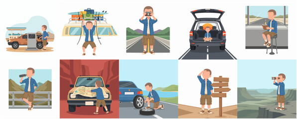 Fototapeta premium Detailed Flat Illustration of Man on Road Trip and Adventure Activities