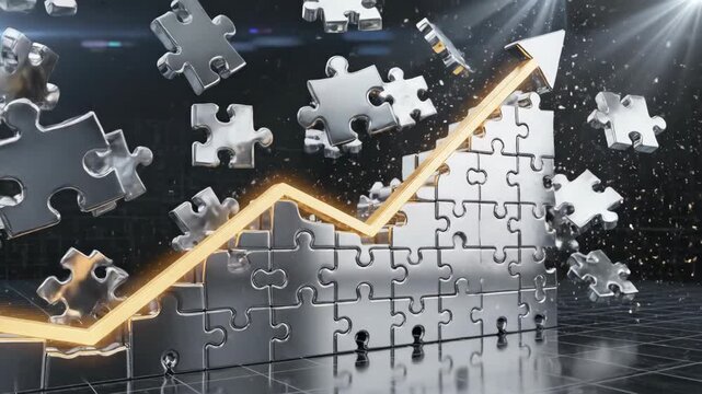 Glowing arrow over metallic puzzle chart visualizing strategic solution for complex problem, showing teamwork, growth, and success