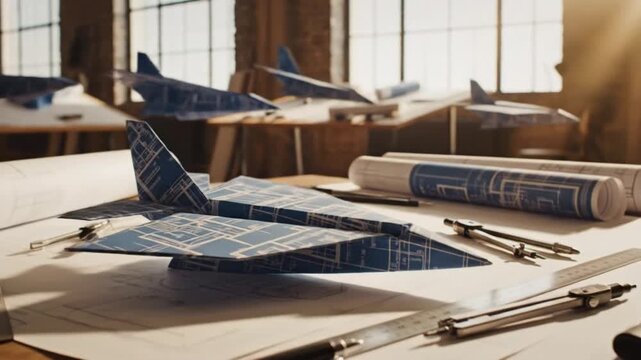 Airplane Blueprint Model on Desk with Tools  Aerospace Engineering Design Concept