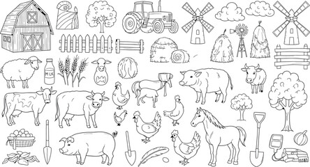 A collection of farm animals and rural scenery illustrations isolated on transparent background © SampaRani