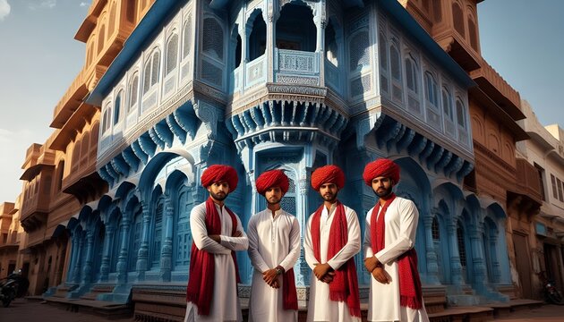 Three Local Men Dressed in Traditional Rajasthani Attire with White Kurta-Pyjamas and Bright Red Turbans in City Jodhpur, Rajasthan, India in a Blue Painted House with Carved Pillars and Arches.