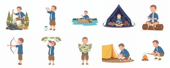Fototapeta premium Flat Cartoon Boy Scout Activity and Adventure Set Illustration