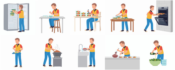 Flat Illustration Man Preparing Food with Cooking Process Steps Icon Set