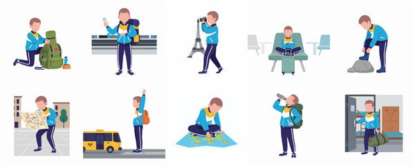 Fototapeta premium Flat Style Detailed Traveler Activities and Destination Landmarks Character Illustration Set