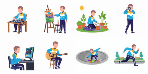 Fototapeta premium Cartoon Style Man Doing Various Hobbies and Recreational Activities Illustration