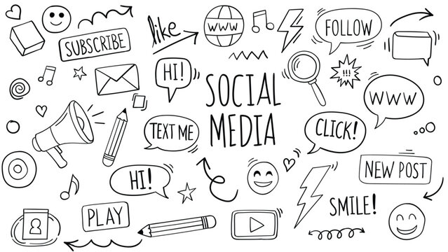 Hand drawn social media doodles and icons collection