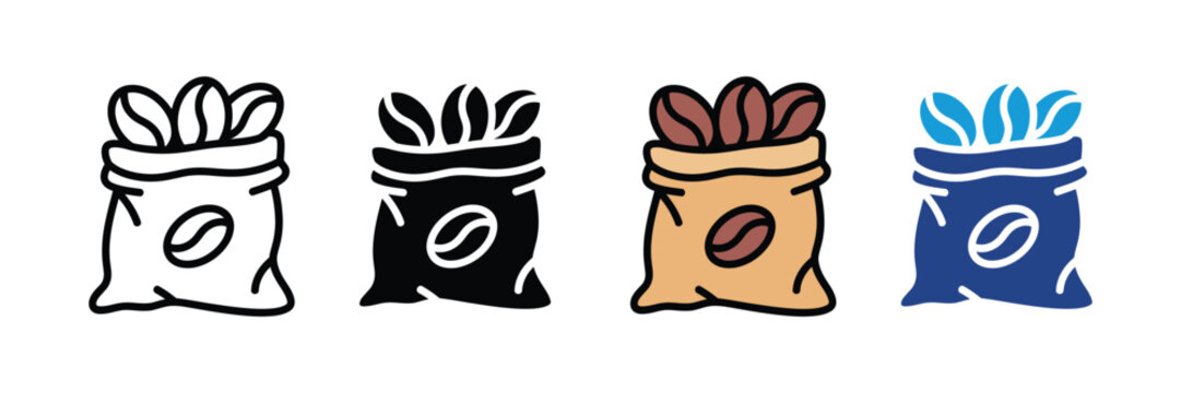 Coffee bean sack icon set. Wholesale coffee supply, organic farm harvest, and roasted bean storage symbols. Vector Illustration.