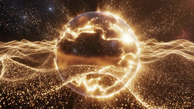 Gold sphere orb of immense power, futuristic creation of pure energy and light glowing above an abstract particle wave landscape