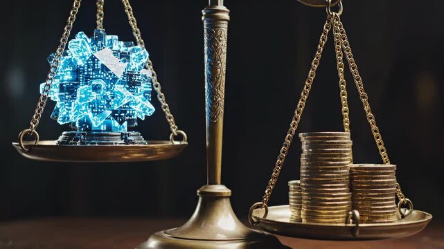 Serious, contemplative scale weighing futuristic value of glowing artificial intelligence brain technology against pile of traditional coin