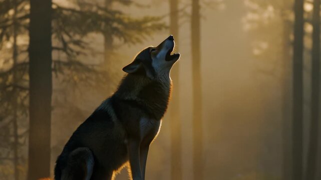 Wolf silhouette howling at sunrise in foggy forest cinematic atmospheric slow golden light misty wilderness