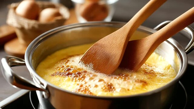 Close-up of hot corn porridge being stirred with wooden spatulas in pot, steam rising with smooth texture and bubbles, culinary visuals and home cooking content, defocused pot