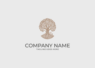 Naklejka premium Vintage Oak Tree Logo with Roots and Acorns Hand Drawn Engraving Style