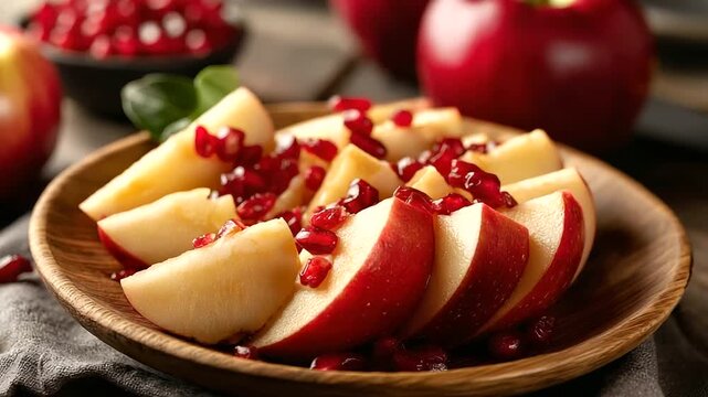 Side view of sliced apple arranged on wooden plate, seeds and texture visible, food photography and healthy eating theme, cooking and fruit presentation, defocused plate surface,