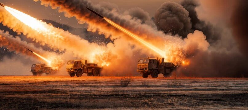 Ground to air missile salvo launch. Military aerial defense weapon. Generative video AI technology.