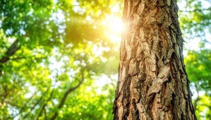 Obraz premium Sunlit tree trunk, blurred green foliage and sunlight streaming through the leaves