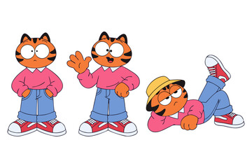 Fototapeta premium A fun and expressive cartoon cat character shown in multiple poses, wearing casual clothes with a playful and youthful vibe in a clean vector style.