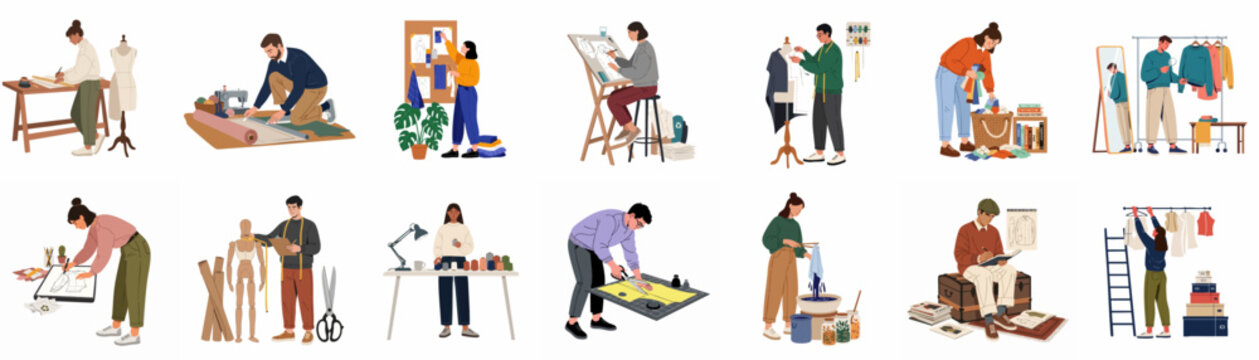 Set of flat vector illustrations depicting various fashion designers, tailors, and artisans working on garment creation, pattern making, sewing, and textile dyeing.