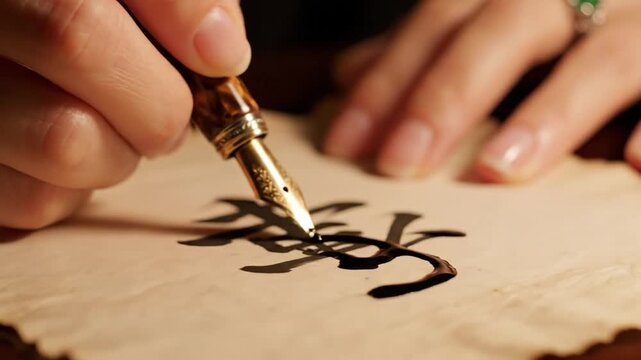 Calligraphy ink paper hand pen writing traditional art closeup creativity with vintage fountain pen on aged paper, elegant handwriting, artistic expression, warm lighting, detailed script, craft focus