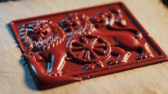 Deep Red Embossed Seal Featuring Three Lions and a Wheel of Dharma Symbol Centered on a Textured Parchment Background Under Dramatic Lighting