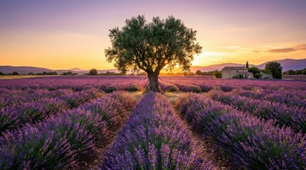 Serene Lavender Field at Sunset with Olive Tree and Mountain Landscape in Background