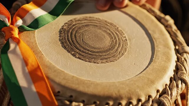 Close Up of a Hand Playing a Tabla Drum Adorned with Indian Flag Colors in Warm Sunlight