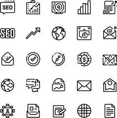 Obraz premium Vector illustration of a web and business icons set featuring black internet symbols for computer network communication and social media technology
