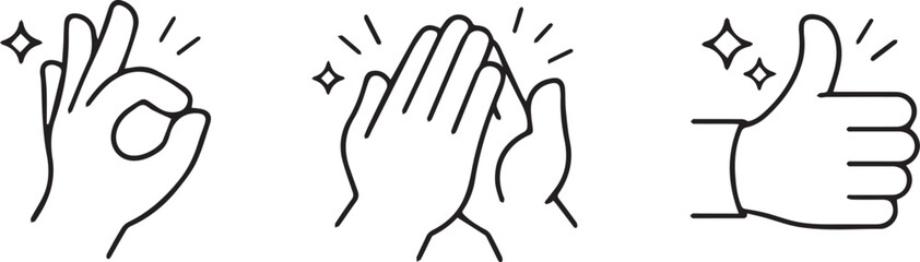 Obraz premium Minimalist Hand Gesture Line Icons Set, OK Sign, Clapping Hands, Thumbs Up Vector Illustration