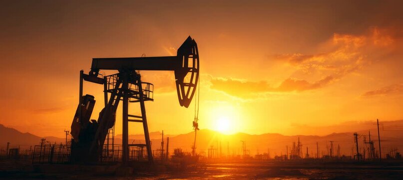 Oil pumpjack machine with sunset sky background Generative video AI technology.