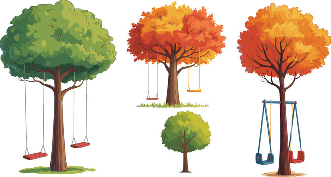 Cartoon tree collection with swings and autumn foliage, colorful park playground trees isolated on background, nature landscape illustration for kids environment design