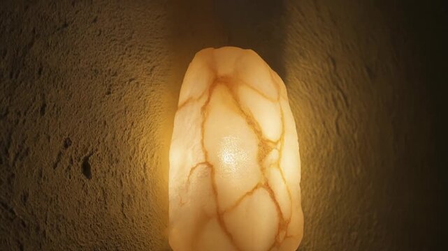 Macro tracking shot of a glowing raw alabaster stone wall sconce light fixture on a textured wall
