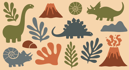 Naklejka premium Dinosaur and prehistoric nature elements set in flat style