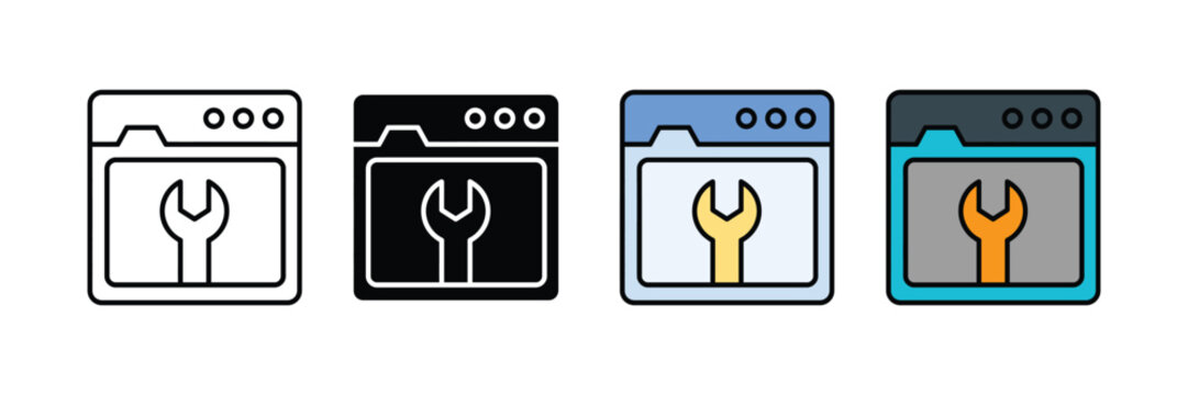 browser window icons with wrench. Web maintenance symbols. Vector Illustration