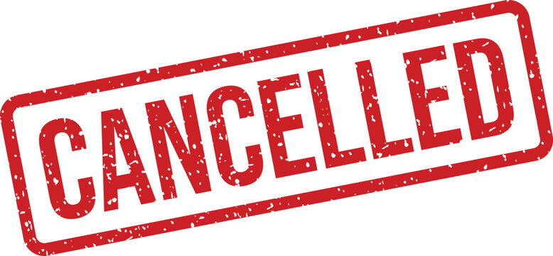 A bold red ink rubber stamp bearing the word CANCELLED on a crisp white surface