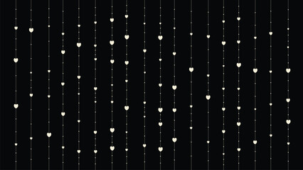 Background with white hanging hearts on black for valentines day romantic love celebration wedding anniversary greeting card design banner poster decoration pattern vertical strings modern style © ismail